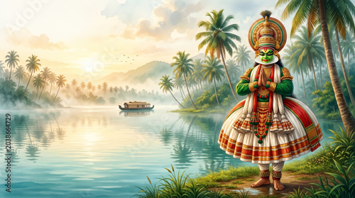 Kathakali Performer beside Kerala Backwaters Landscape for Onam Festival Heritage and Cultural Greeting