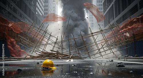 Construction site disaster showing a scaffolding accident in a city street with falling metal poles dust debris orange safety net and a discarded yellow hard hat