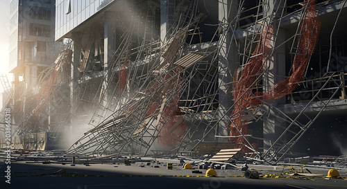 Dramatic Construction Site Scaffolding Accident with Collapsed Metal Structures Debris and Dust Near a Modern Building Highlighting Workplace Safety and Hazards
