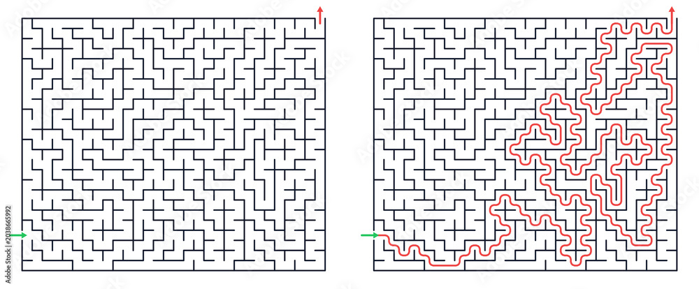 Obraz premium Maze puzzle with solution path drawn in red on grid background 