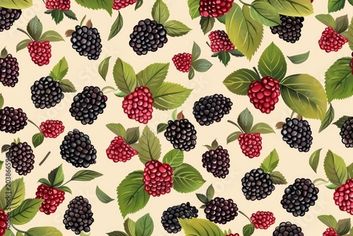 Seamless pattern with blackberries and raspberries with leaves on a beige background, ideal for creating fabrics, wrapping paper, or scrapbooking projects
