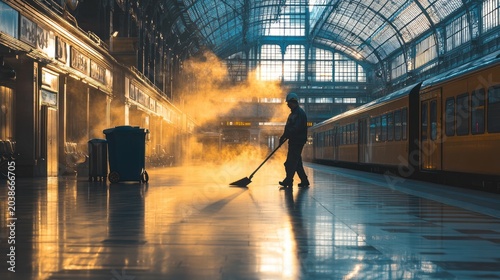 Solitary worker cleaning a grand train station bathed in golden light at dawn