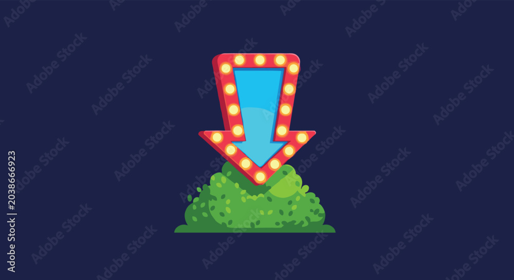 Obraz premium Bright red arrow sign decorated with glowing marquee lights pointing down into a lush green bush on a dark navy blue background for emphasis themes.