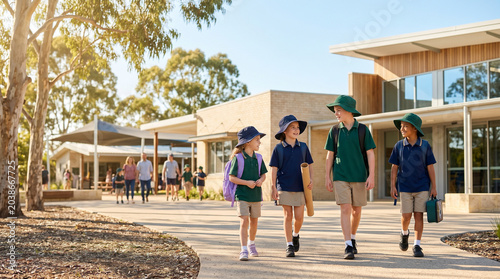 Primary school children in uniforms and yellow sun hats walking to a modern campus, ideal for Australian back to school marketing campaigns.
