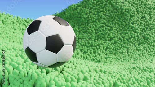 3D animation of a soccer ball and green abstract football field. Looped modern motion graphics. Football and soccer concept. Championship, competition, tournament event. Outdoor sports and activities 