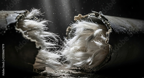 Macro View of Hazardous Asbestos Fibers Inside a Broken Insulation Pipe Highlighting Airborne Dust and the Danger of Chrysotile Exposure During Home Renovation