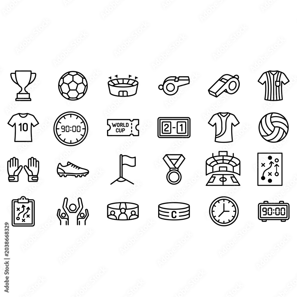 Fototapeta premium Football World Cup Minimal Line Icons Set – Soccer Tournament Outline Vector Collection
