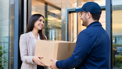 A courier delivers a package to a smiling woman at an office building entrance, showcasing friendly customer service.