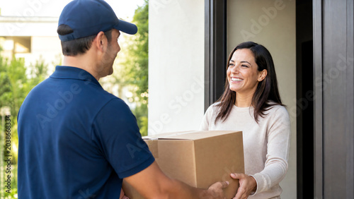 A courier delivers a package to a smiling woman at her doorstep, highlighting the convenience of home delivery services.