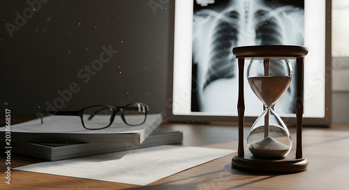 Hourglass and Chest Xray Representing Life Expectancy for Mesothelioma and Asbestos Related Diseases Urgency in Medical Diagnosis and Legal Claims for Exposure