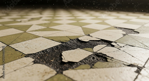 Closeup of damaged vintage vinyl floor tiles potentially containing asbestos in an old house showcasing hazardous dust particles and the need for remediation