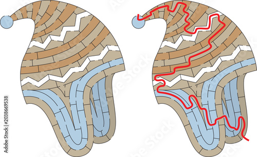 Educational maze game for kids featuring a cozy winter hat with flaps with an unsolved version and a solved version showing the red path