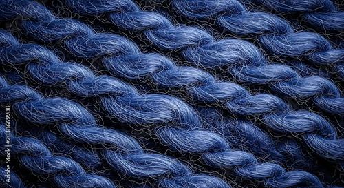 Detailed macro texture of deep blue knitted wool yarn in a braided pattern showcasing soft natural fibers and intricate textile craftsmanship