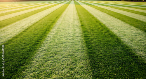 Perfectly manicured green grass field with professional stadium stripes under warm golden hour sunlight ideal for sports and lawn care concepts