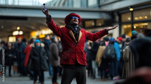 Talented street performer entertaining crowd with juggling skills and showmanship