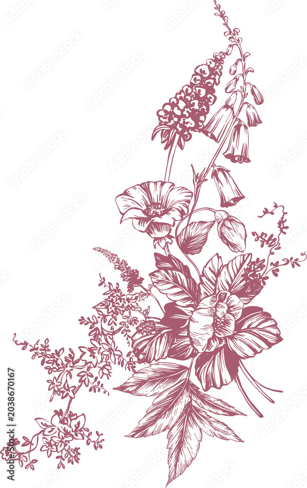 Fototapeta premium Toile de Jouy is a sweet monochrome bouquet of lush garden flowers and berries in a traditional French style. This vintage-style line art illustration is perfect for wedding designs, birthday cards