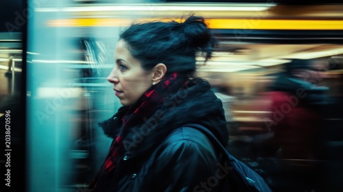 Pensive commuter in motion blur aboard a train, embracing the rhythm of urban life