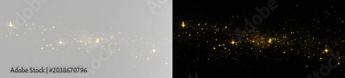 Magic golden sparkles flying over grey isolated background, overlay yellow dust 