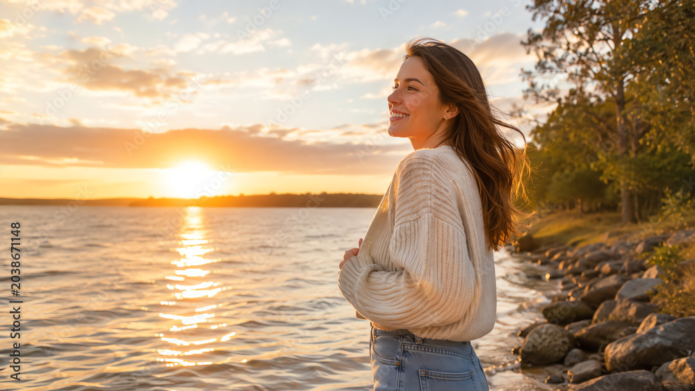 Obraz premium A serene woman enjoying a sunset by the water, embodying tranquility and appreciation for nature's beauty.