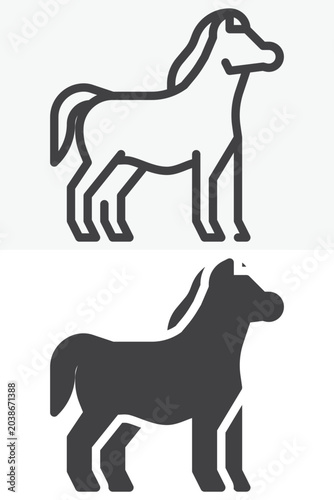 Horse side view icon set with line outline and solid versions. Editable stroke vector icon, equine sign and symbol in different style. Horse icon for farm and riding themes.