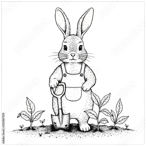 Rabbit wearing overalls holding shovel standing.