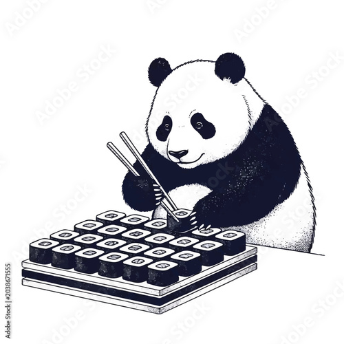 Panda eating sushi with chopsticks.