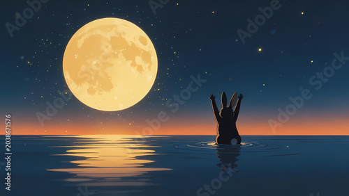 Person touching the full moon in water