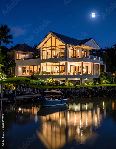 A large waterfront house lit up at night