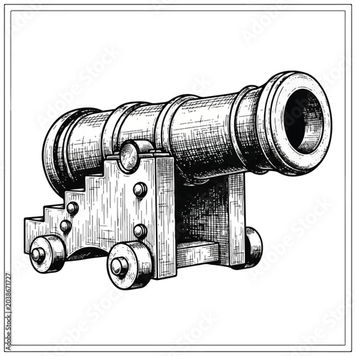 Old cannon on a wooden carriage.