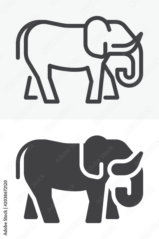 Fototapeta premium Elephant icon set with line outline and solid versions. Editable stroke vector icon, elephant sign and symbol in different style. Elephant icon for safari themes.