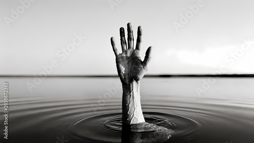 Hand rising from calm water in black and white