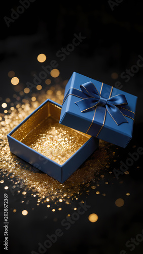 Blue gift box with gold sequins
