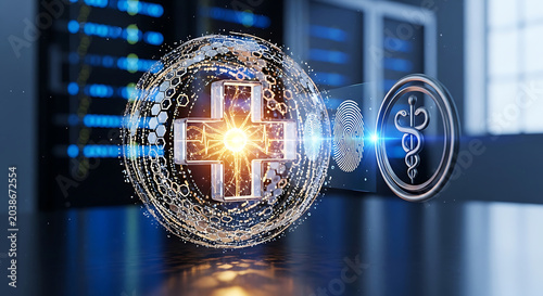 Futuristic medical data security and digital healthcare concept with glowing cross fingerprint biometrics and caduceus icon in server room