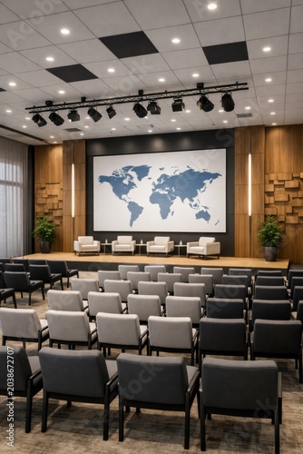 modern conference room with world map on screen