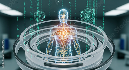 Futuristic Medical Technology and Digital Health Concept Featuring a Glowing Human Hologram with Caduceus Symbol and AI Data Visualization in Lab