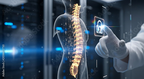HIPAA Compliance and Medical Data Security Concept with Futuristic Interface Showing a Glowing Human Spine and Secure Encryption Lock Symbol