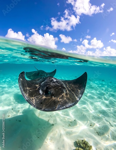 A large aquatic creature swims near the surface of clear turquoise water