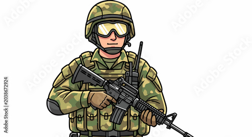 Canvastavla Illustration of a soldier in uniform holding a rifle, ready for duty and combat