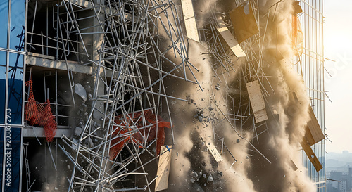 Catastrophic scaffolding accident and structural collapse on a skyscraper construction site featuring falling debris dust clouds and broken metal framework elements