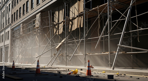 Dramatic Scaffolding Accident at an Urban Construction Site Featuring Broken Planks Dust and a Fallen Hard Hat Highlighting Serious Building Safety Failures and Risks