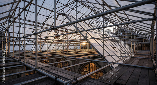 Comprehensive Scaffolding Roof System for Cathedral Restoration featuring Industrial Metal Framework Wooden Planks and Temporary Weather Protection Canopy Detail