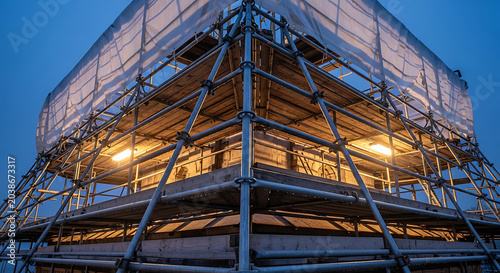 Industrial Scaffolding Structure with Protective Roof Sheeting and Work Lights at Night on a Construction Site for Building Restoration and Renovation