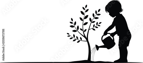 Schilderij op canvas Child Watering Tree: A silhouette of a child tenderly watering a small tree, symbolizing growth, care, and the nurturing of life and future