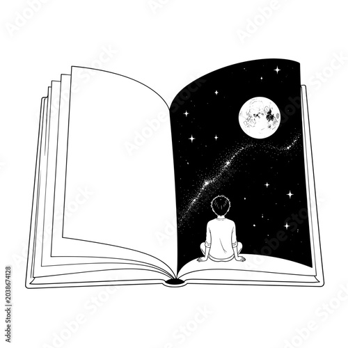 Fotografie Lost in the pages of imagination, a young dreamer gazes at the universe unfolding beyond the book’s embrace