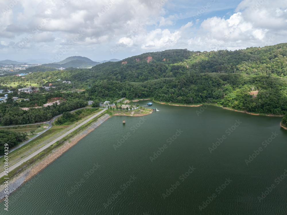 Fototapeta premium Beautiful sky over lake or pond Aerial view landscape