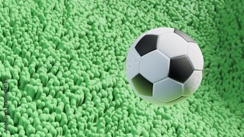 3D animation of a soccer ball and green abstract football field. Looped modern motion graphics. Football and soccer concept. Championship, competition, tournament event. Outdoor sports and activities 