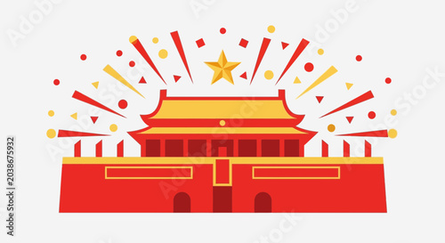 Canvastavla Tiananmen Gate Vector Illustration with Festive Star and Fireworks
