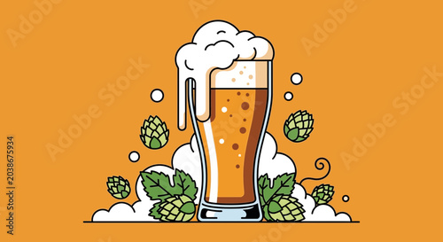 Photography Fresh Beer Glass with Hops Illustration