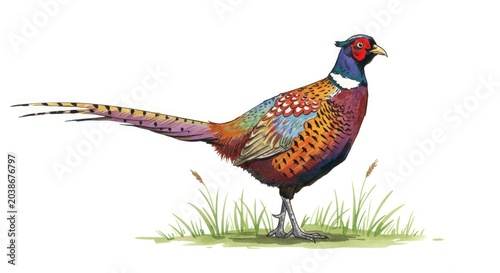 Pheasant standing in green grass.