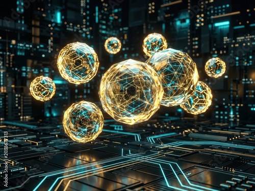Visual depiction of floating nodes on motherboard with bright filament tokens and dark background grid